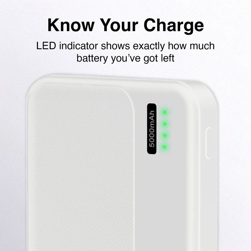 Laser Slim 5000mAh Power Bank with LED Indicator (White)