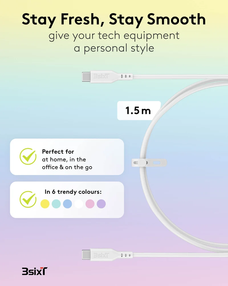 SPLASH USB-C Charging Cable by 3sixT Soft Silicone USB-C to USB-C Cable 1.5m 60W (Yellow)