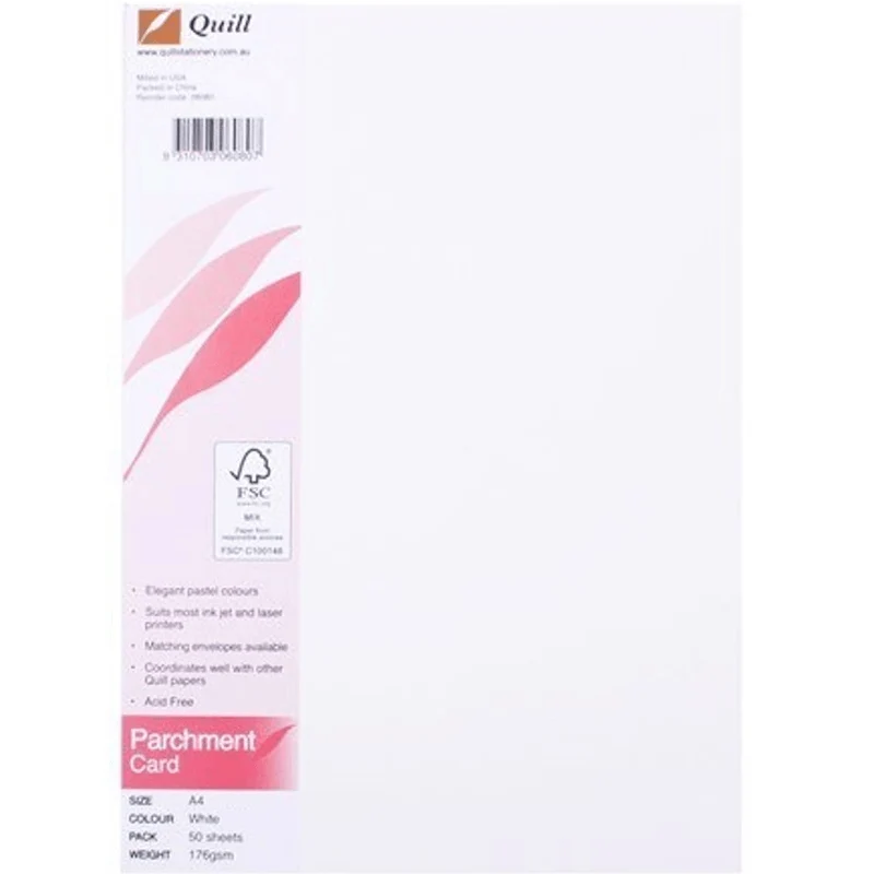 Quill Parchment Card Paper 176GSM A4 White Pack 50