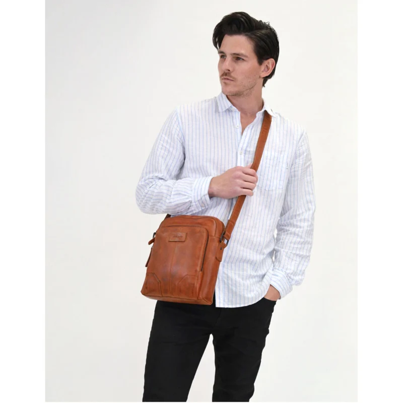Pierre Cardin Men's Leather Rustic Shoulder Crossbody Bag 25x29cm Cognac