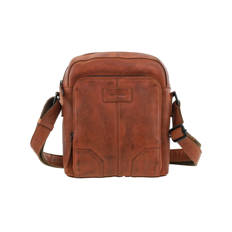 Pierre Cardin Men's Leather Rustic Shoulder Crossbody Bag 25x29cm Cognac