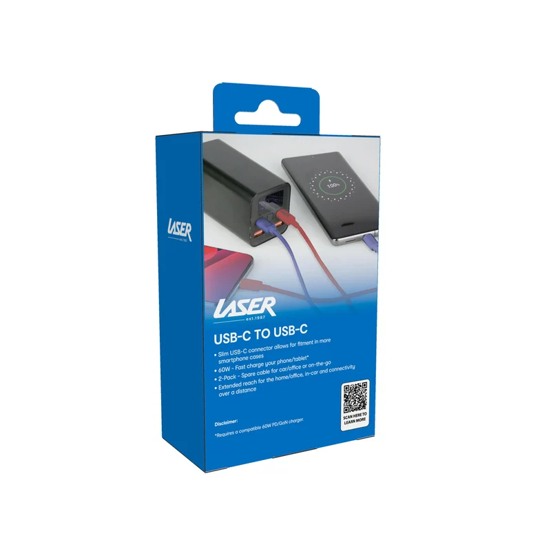 Laser 2m (2-pack) USB-C to USB-C Cable 60W (Red/Blue)