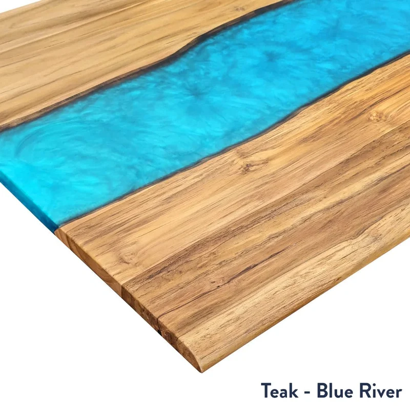 Desky Dual Resin Hardwood Sit Stand Desk 150cm Teak Blue River Desktop and Wheat Frame