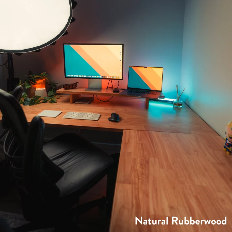 Desky Rubberwood L-Shape Sit Stand Desk 150 x 155 cm Red Walnut Top and Wheat Leg