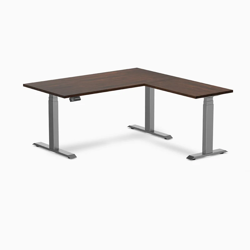 Desky Rubberwood L-Shape Sit Stand Desk 150 x 155 cm Dark Walnut Top and Wheat Leg