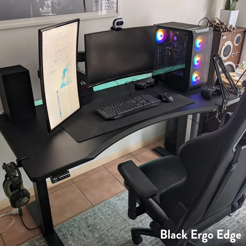 Desky Dual Ergo Edge Sit Stand Desk 150cm Black Desktop and Wheat Frame