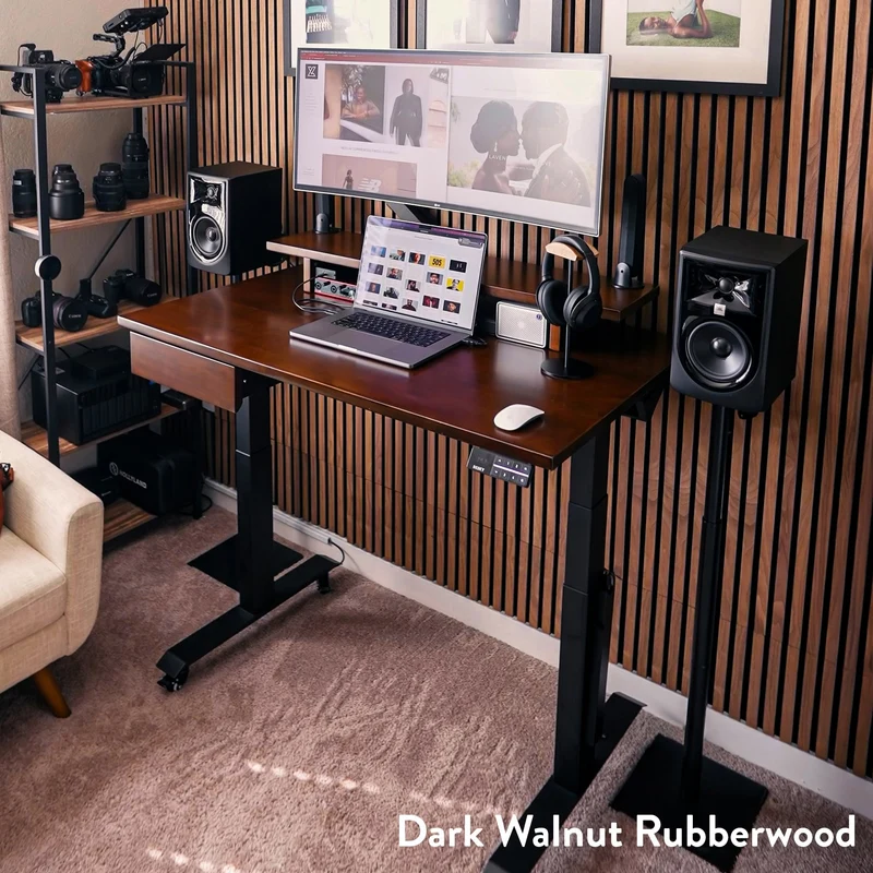 Desky Dual Rubberwood Sit Stand Desk 180cm Dark Walnut Desktop and Wheat Frame