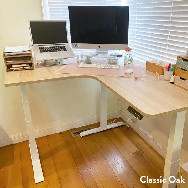 Desky L-Shape Melamine Sit Stand Desk 160cm - Left Return Natural Walnut Top and Wheat Leg