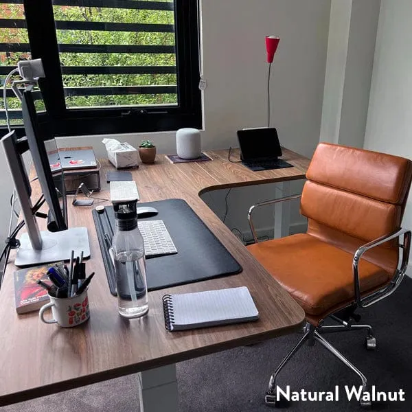 Desky L-Shape Melamine Sit Stand Desk 160cm - Right Return Select Beech Top and Wheat Leg