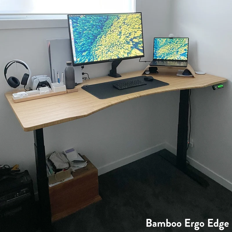 Desky Dual Ergo Edge Sit Stand Desk 150cm Bamboo Desktop and Wheat Frame