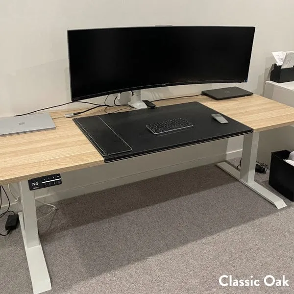 Desky Dual Scalloped Melamine Sit Stand Desk - Classic Oak / 1800x750mm / Wheat