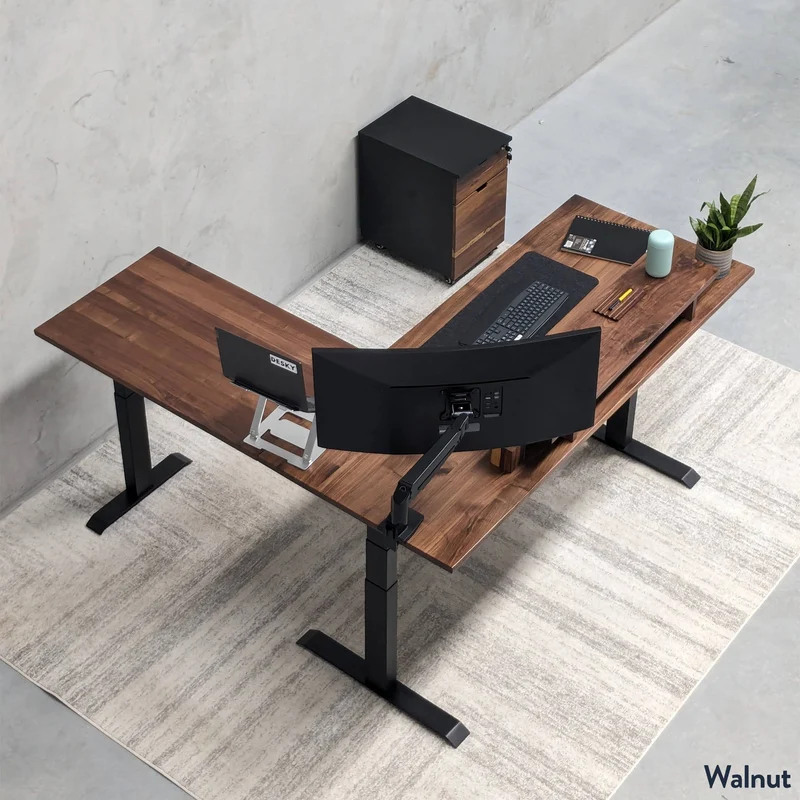Desky Hardwood L-Shape Sit Stand Desk 180 x 175 cm Maple / Wheat Top and Wheat Leg