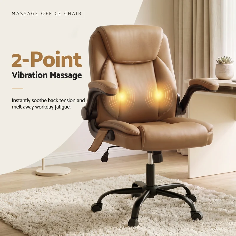Artiss 2 Point Massage Office Chair Leather Mid Back (Brown)
