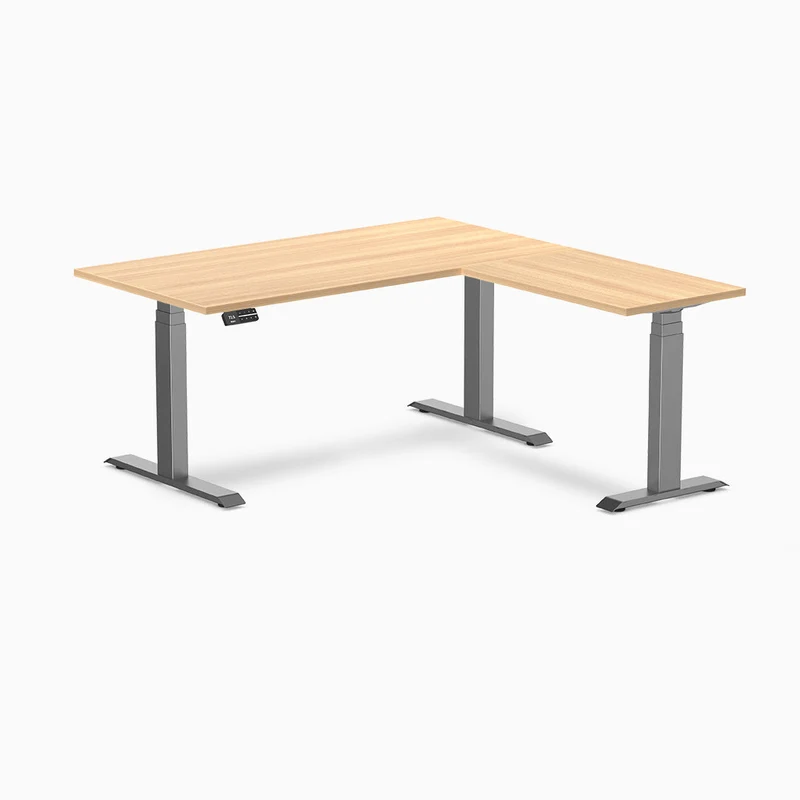 Desky Eco L-Shape Melamine Sit Stand Desk 150 x 155 cm Sublime Teak Top and Space Grey Leg