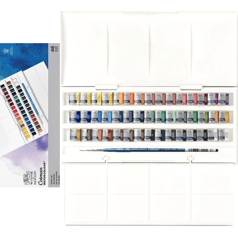 Winsor & Newton Cotman Watercolour Half Pan Paint Set 45 Brush Artists