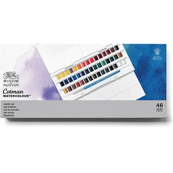 Winsor & Newton Cotman Watercolour Half Pan Paint Set 45 Brush Artists