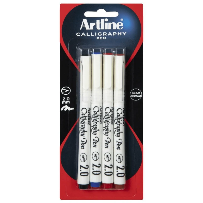 Artline Calligraphy Pen Set 2.0mm Assorted Colours Pigment Ink Pack 4