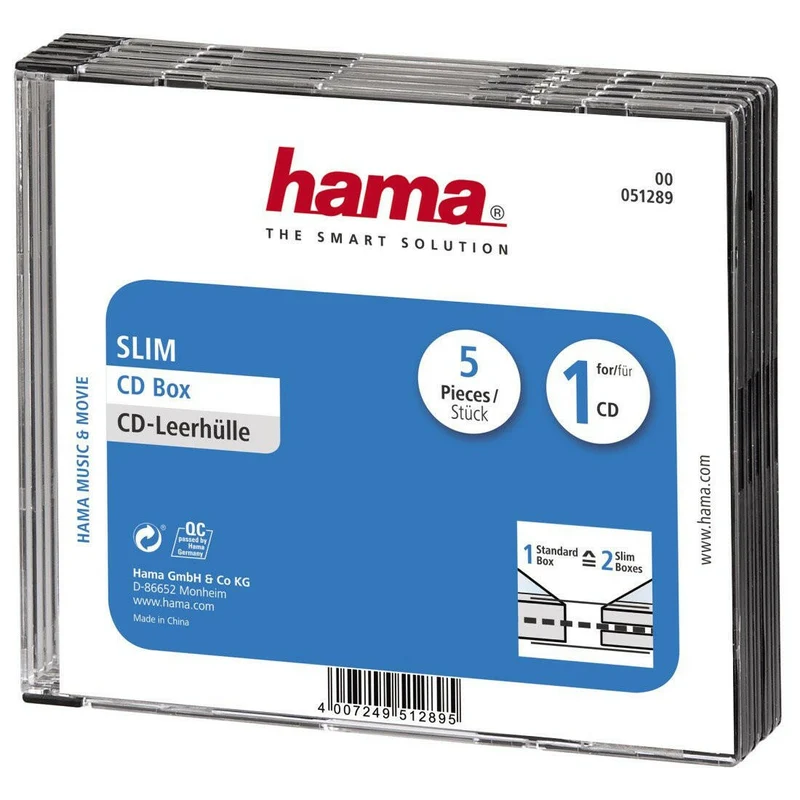 Hama CD-Leerhülle Slim, 5er-Pack, Transparent/Schwarz