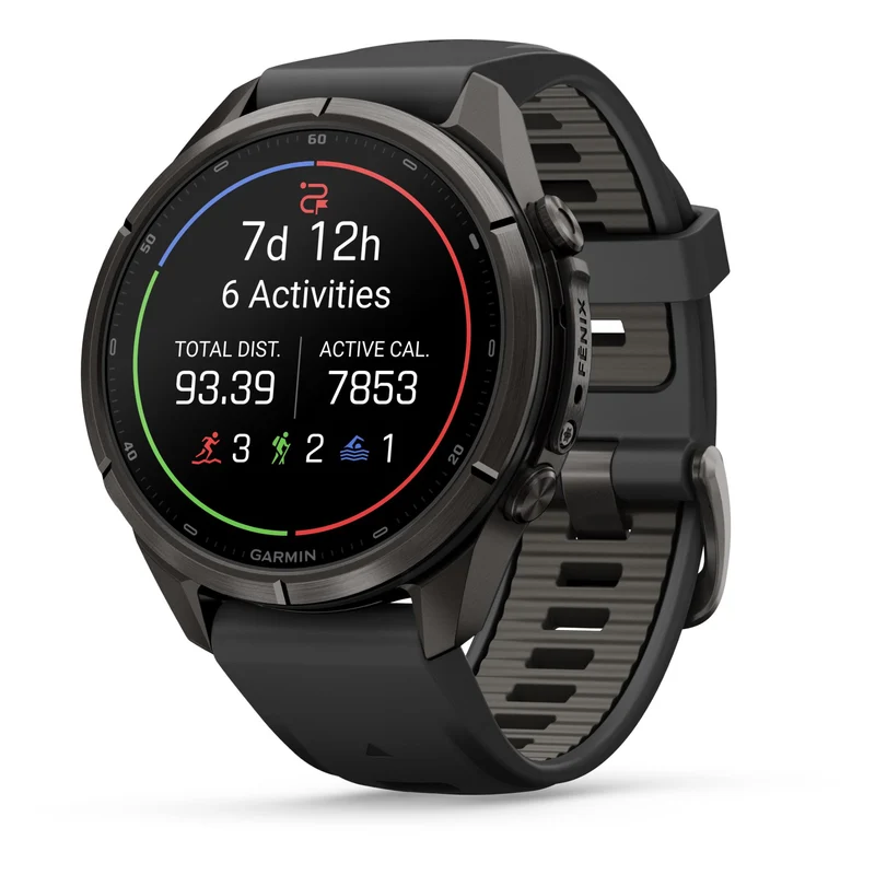 Garmin fenix 9 Pro 43mm Carbon Grey DLC Titanium with Black/Pebble Grey Silicone Band