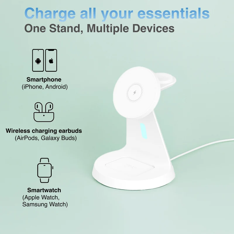 Laser 3 in 1 Wireless Charging Stand for Phone and Watch (White)
