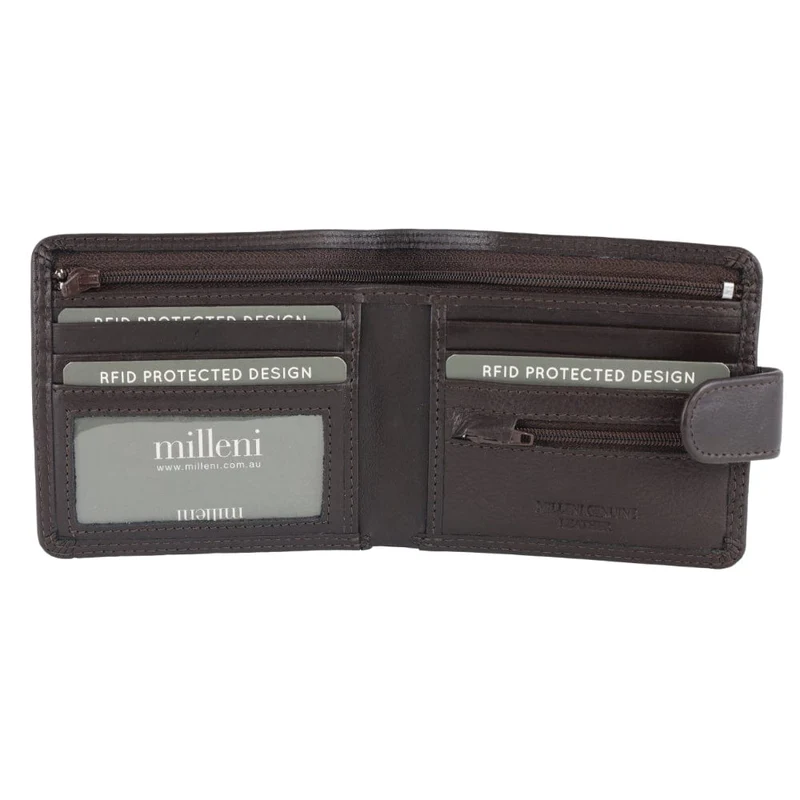 Milleni Men's Leather Card/Cash RFID Protected Tab Wallet 11cm Brown