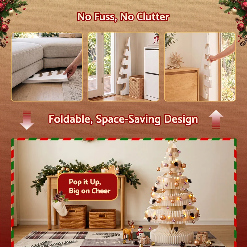 Jingle Jollys Paper Christmas Tree 114CM with Star Topper LEDs Xmas Decorations Kit Home Office White