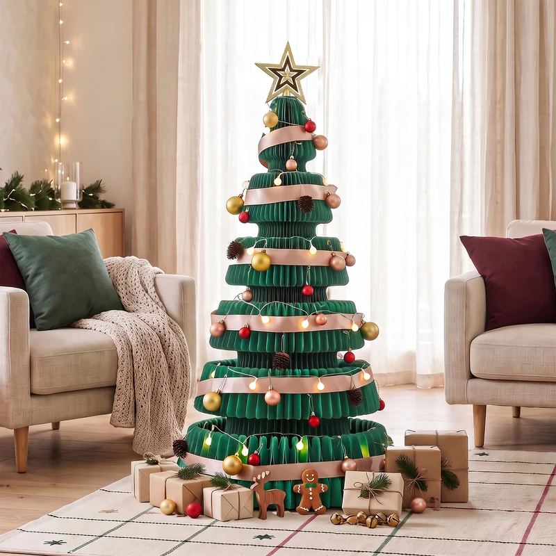 Jingle Jollys Paper Christmas Tree 111CM with Star Topper LEDs Xmas Decorations Kit Home Office Green
