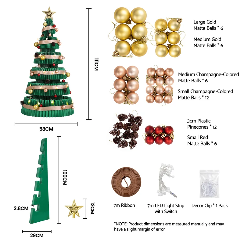 Jingle Jollys Paper Christmas Tree 111CM with Star Topper LEDs Xmas Decorations Kit Home Office Green