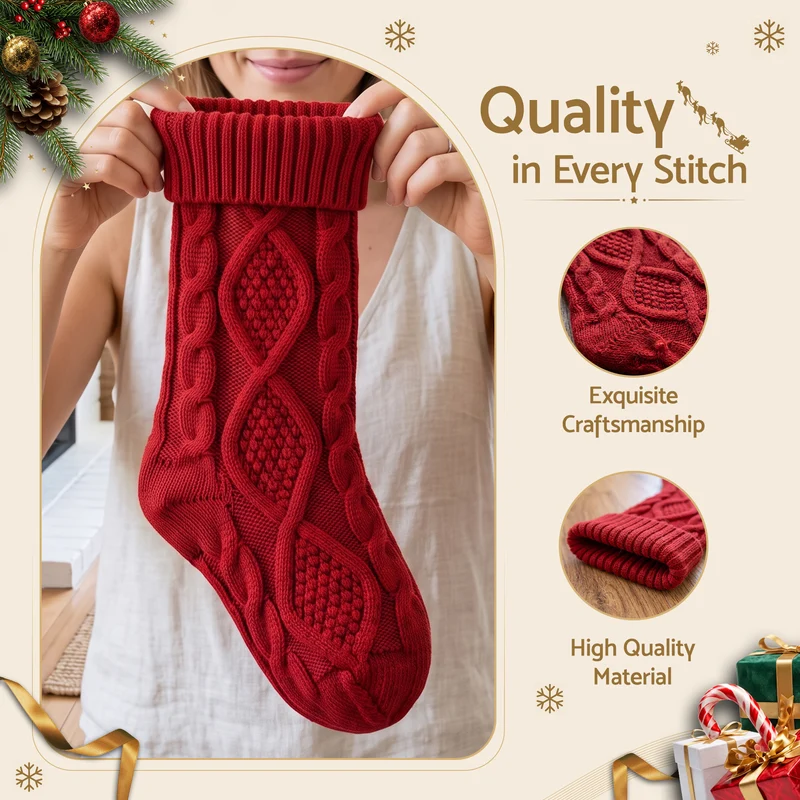 Jingle Jollys 3PCS Personalized Christmas Stockings with Leather Patches 16" Knitted Solid Colour Xmas Decor