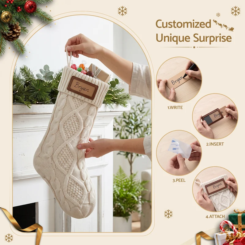 Jingle Jollys 3PCS Personalized Christmas Stockings with Leather Patches 16" Knitted Solid Colour Xmas Decor