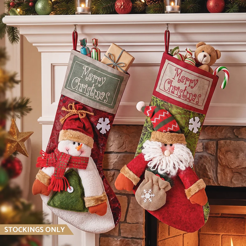 Jingle Jollys Christmas Stockings 2 Pack Large 3D Plush Santa Snowman 43.5cm Christmas Decor