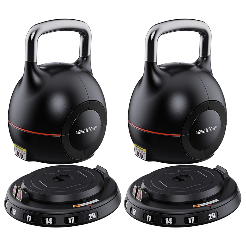 Powertrain 2x 20kg Adjustable Kettlebell Pair Quick Adjust Weight Set for Home Gym Strength & Fitness Workout
