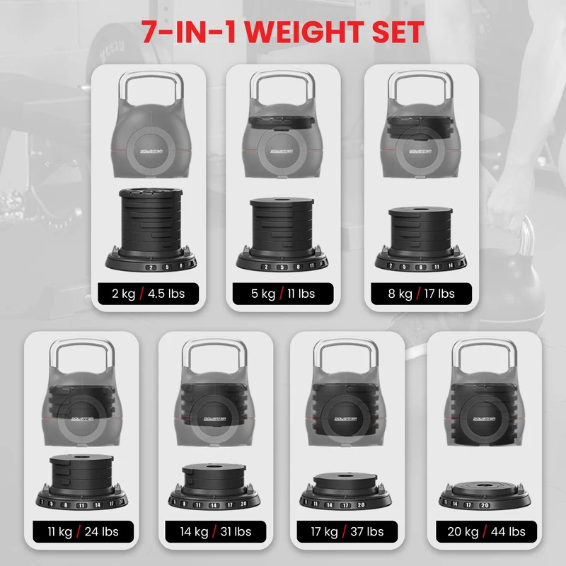 Powertrain 2x 20kg Adjustable Kettlebell Pair Quick Adjust Weight Set for Home Gym Strength & Fitness Workout
