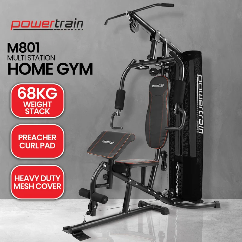 Powertrain Multi Station Home Gym 68kg Weight Stack All-in-One Fitness Workout Machine Lat Pulldown Preacher Curl