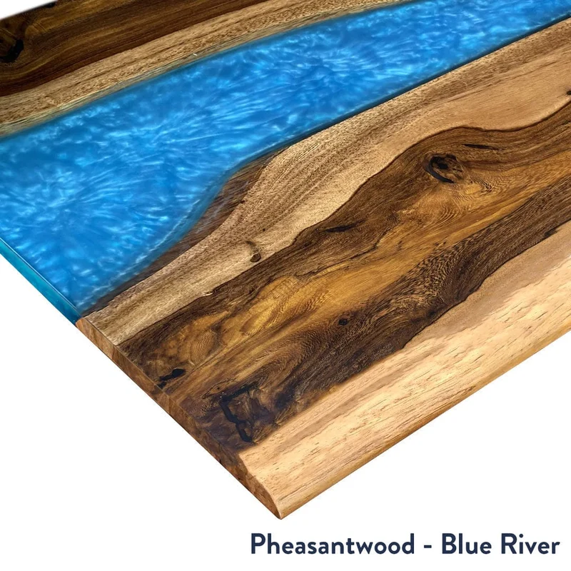 Desky Dual Resin Hardwood Sit Stand Desk 150cm Pheasantwood Blue River Desktop and White Frame
