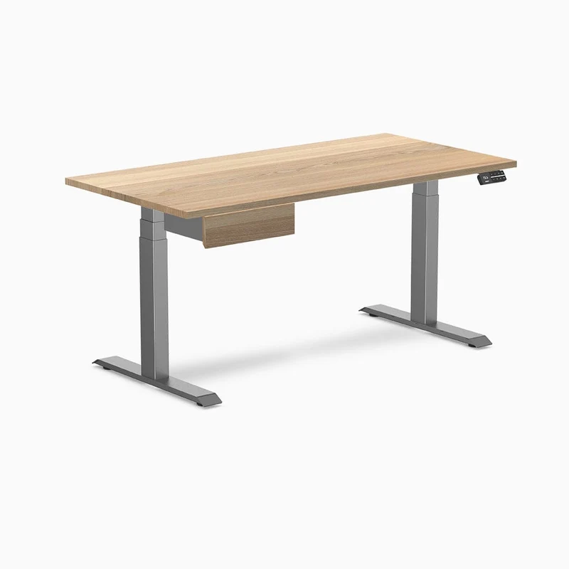 Desky Dual Hardwood Standing Desk With Drawer 150cm White Ash Desktop and Space Grey Frame