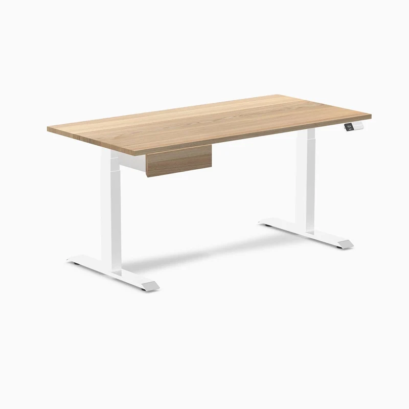 Desky Dual Hardwood Standing Desk With Drawer 150cm White Ash Desktop and White Frame