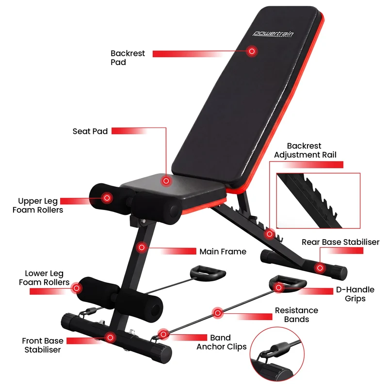 Powertrain Adjustable Weight Bench with Incline Decline and 7 Backrest Positions