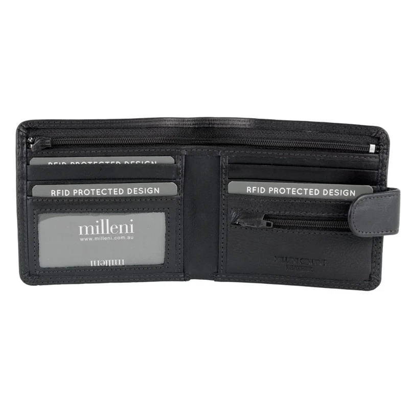 Milleni Men's Leather Card/Cash RFID Protected Tab Wallet 11cm Black