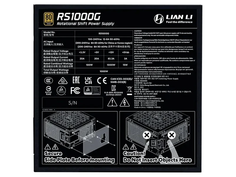 Lian Li 1000W Rotational Shift 80+ Gold Fully Modular ATX Power Supply with 4 Port USB Hub - Black (RS1000G.BH)
