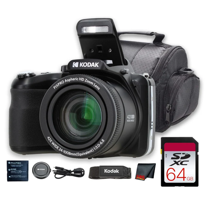 Kodak PIXPRO AZ425 Digital Camera (Black) (AZ425BK) + 64GB Card + Bag + Cloth