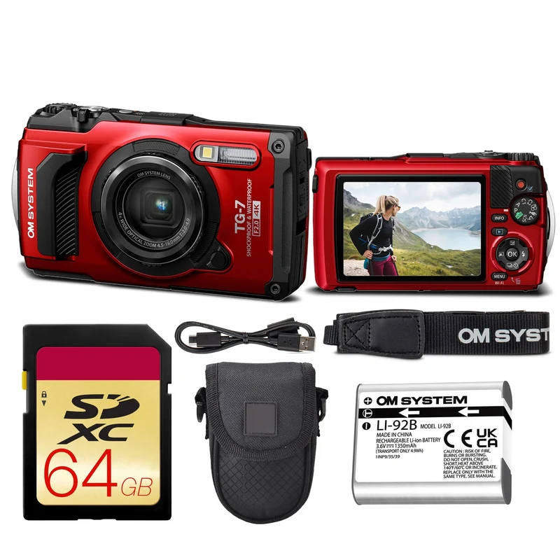 OM SYSTEM Tough TG-7 Digital Camera Bundle (Red) (V110030RU000) + 64GB Card + Case