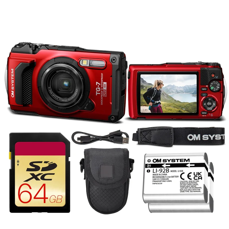 OM SYSTEM Tough TG-7 Digital Camera Bundle (Red) + 64GB Card + Case + Battery