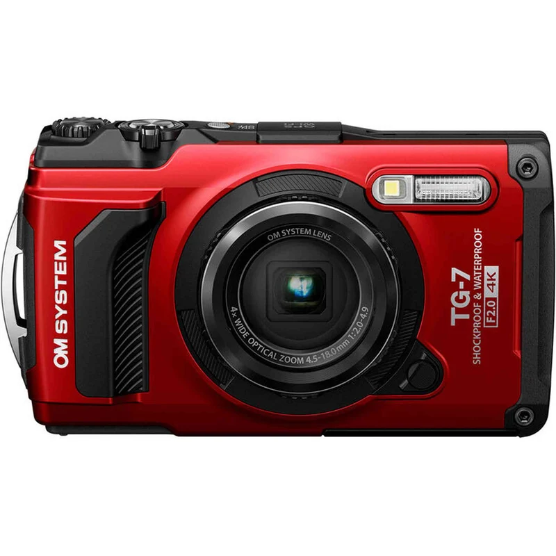 OM SYSTEM Tough TG-7 Digital Camera Bundle (Red) + 64GB Card + Case + Battery