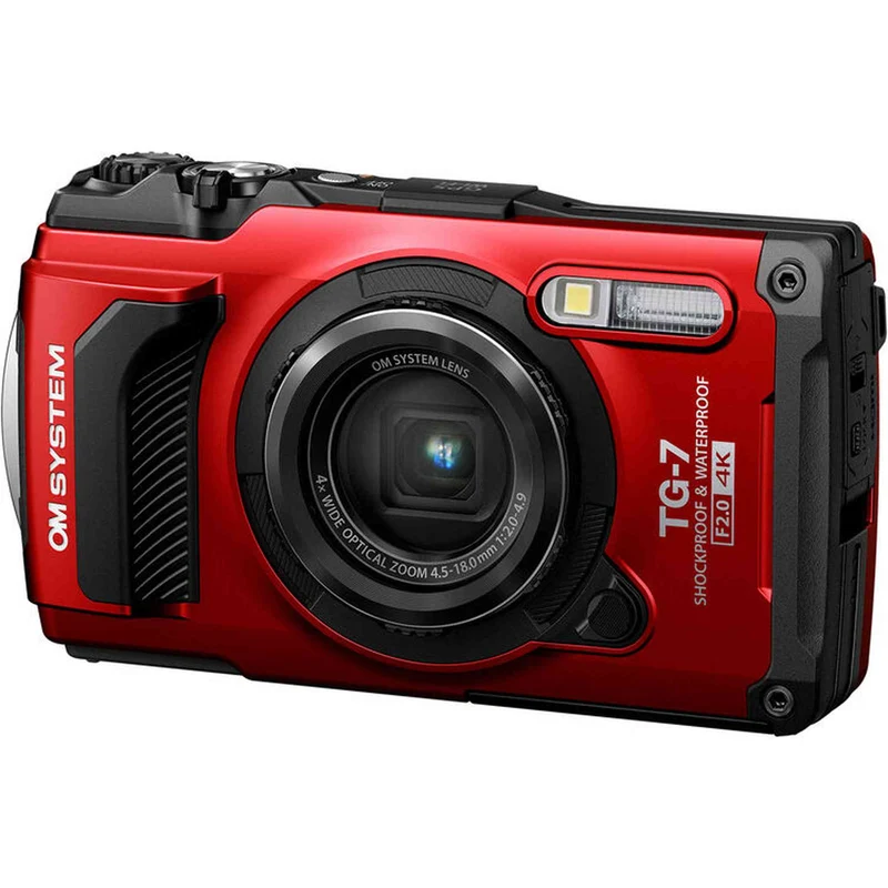 OM SYSTEM Tough TG-7 Digital Camera Bundle (Red) + 64GB Card + Case + Battery