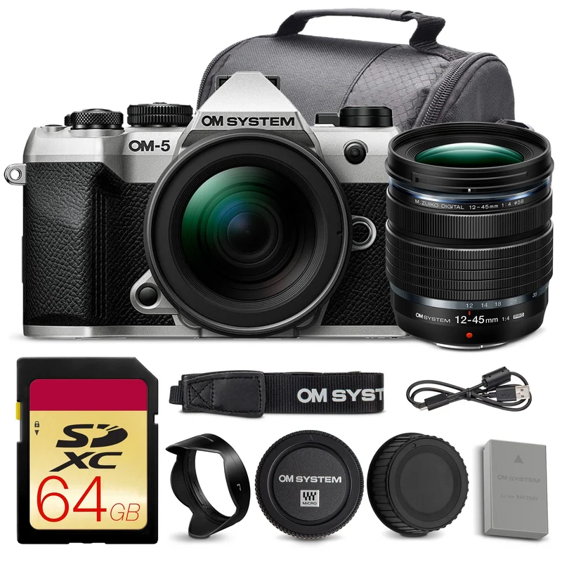 OM SYSTEM OM-5 Mark II Mirrorless Camera with 12-45mm f/4 PRO Lens Bundle + 64GB Card + Bag