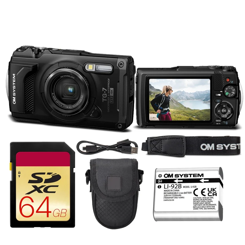 OM SYSTEM Tough TG-7 Digital Camera Bundle (Black) (V110030BU000) + 64GB Card + Case