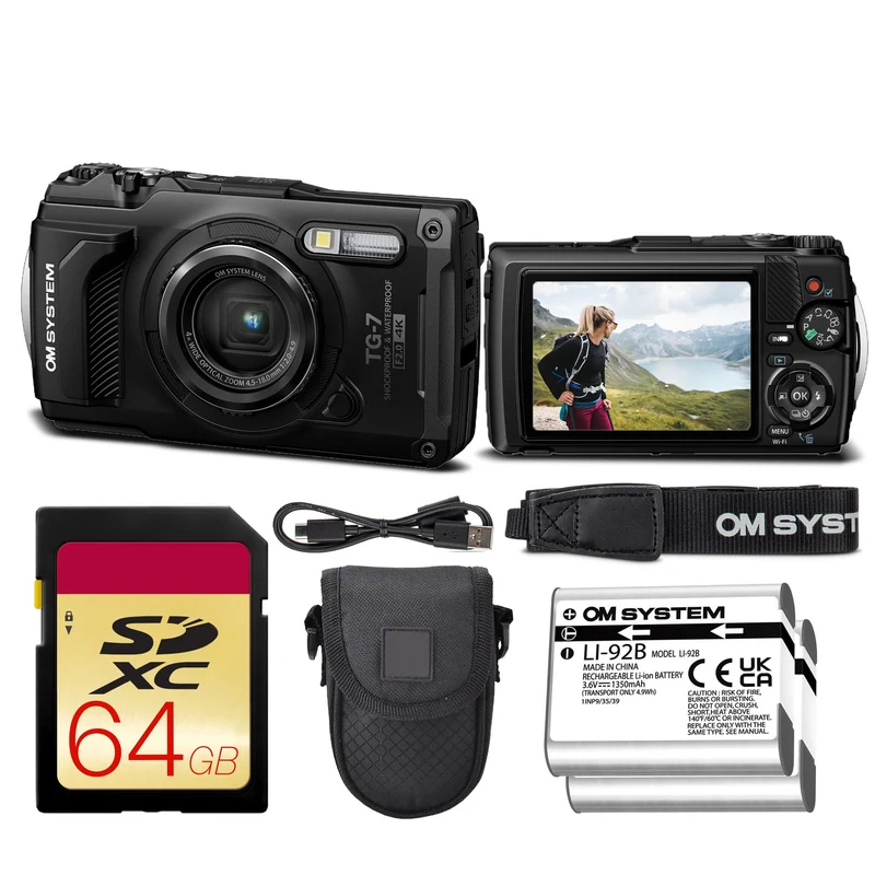 OM SYSTEM Tough TG-7 Digital Camera Bundle (Black) + 64GB Card + Case + Battery