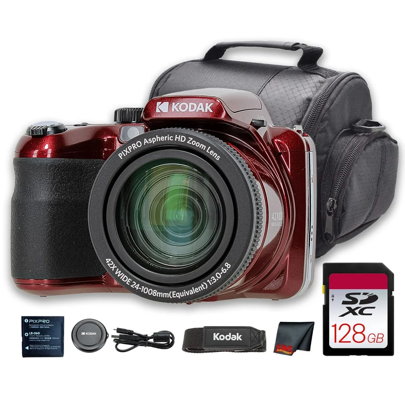 Kodak PIXPRO AZ425 Digital Camera (Red) (AZ425RD) + 128GB Card + Bag + Cloth
