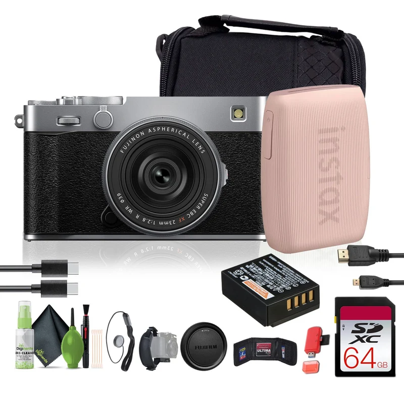FUJIFILM X-E5 Mirrorless Digital Camera with XF 23mm f/2.8 Lens (silver), Printer - Pink